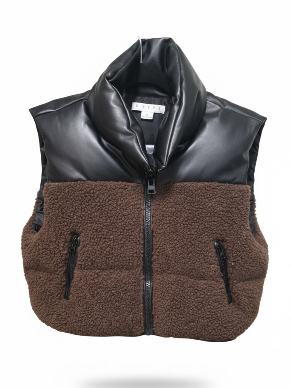 HYFVE Brown Sherpa with Black Faux Leather Yoke Vest NEW WITH TAGS